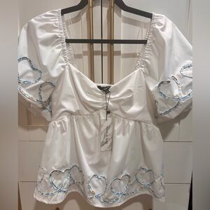 NWTs White Blouse with Blue Heart Embroidery